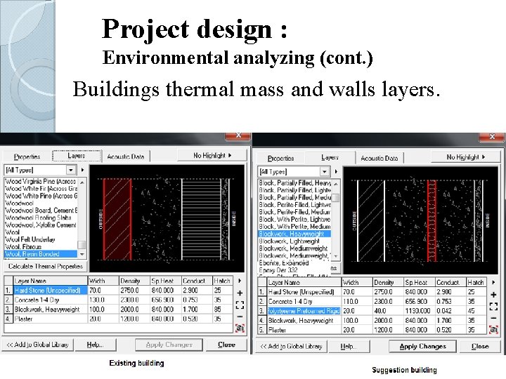 Project design : Environmental analyzing (cont. ) Buildings thermal mass and walls layers. 