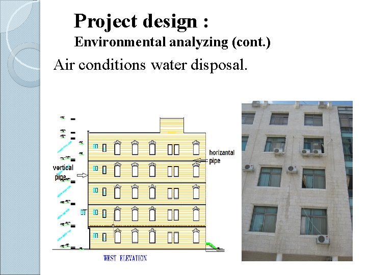 Project design : Environmental analyzing (cont. ) Air conditions water disposal. 