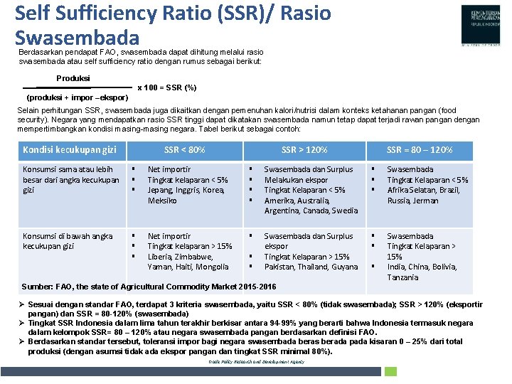 Self Sufficiency Ratio (SSR)/ Rasio Swasembada Berdasarkan pendapat FAO, swasembada dapat dihitung melalui rasio