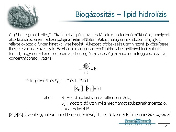 Biogázosítás – lipid hidrolízis A görbe szigmoid jellegű. Oka lehet a lipáz enzim határfelületen