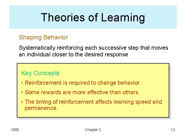 Theories of Learning Shaping Behavior Systematically reinforcing each successive step that moves an individual