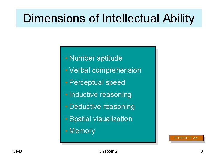 Dimensions of Intellectual Ability • Number aptitude • Verbal comprehension • Perceptual speed •