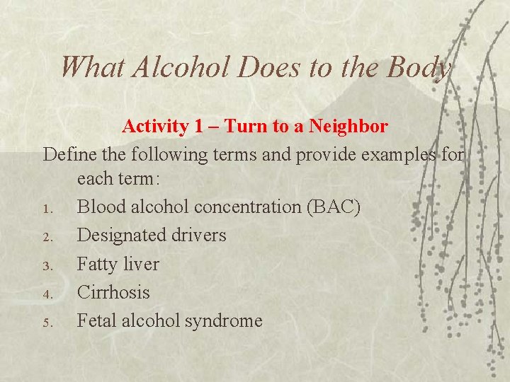 What Alcohol Does to the Body Activity 1 – Turn to a Neighbor Define