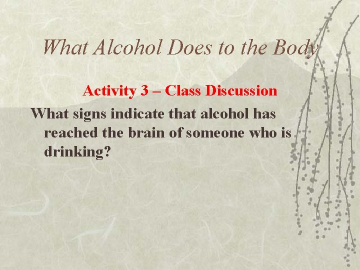 What Alcohol Does to the Body Activity 3 – Class Discussion What signs indicate