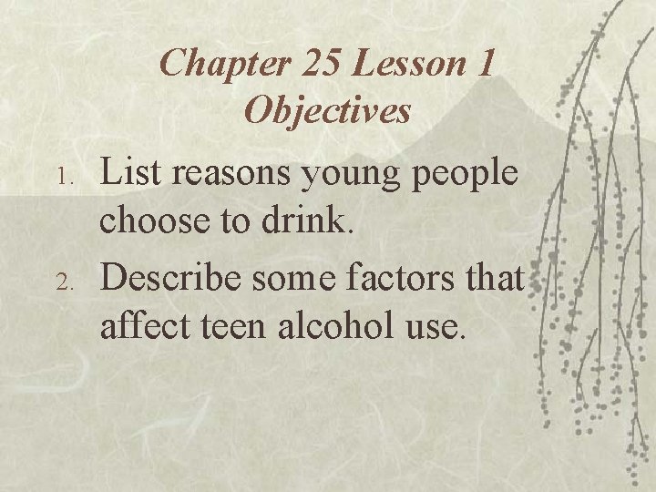 Chapter 25 Lesson 1 Objectives 1. 2. List reasons young people choose to drink.
