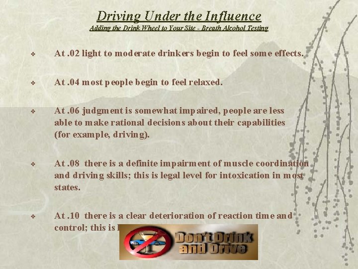 Driving Under the Influence Adding the Drink Wheel to Your Site - Breath Alcohol