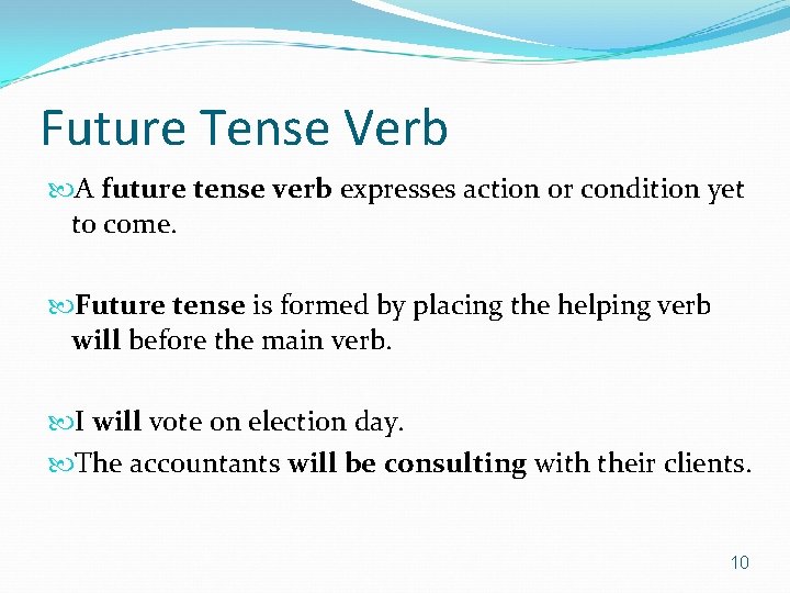 Future Tense Verb A future tense verb expresses action or condition yet to come.