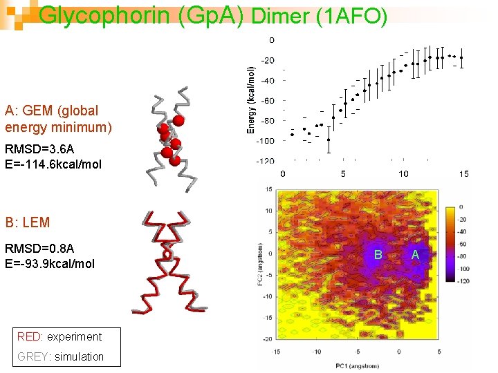 Glycophorin (Gp. A) Dimer (1 AFO) A: GEM (global energy minimum) RMSD=3. 6 A