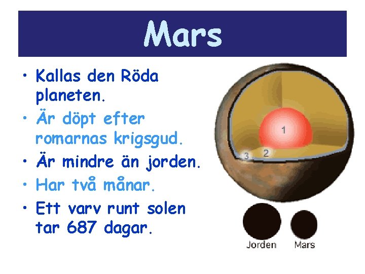 Mars • Kallas den Röda planeten. • Är döpt efter romarnas krigsgud. • Är