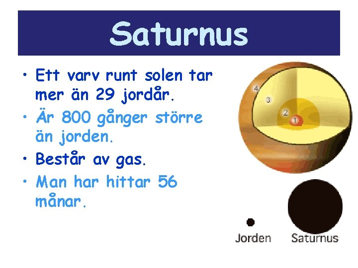 Saturnus • Ett varv runt solen tar mer än 29 jordår. • Är 800
