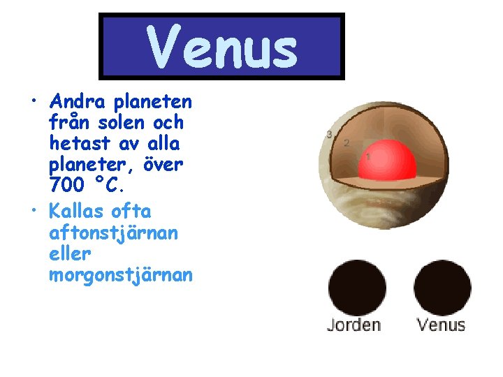 Venus • Andra planeten från solen och hetast av alla planeter, över 700 °C.