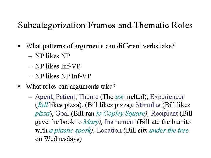 Subcategorization Frames and Thematic Roles • What patterns of arguments can different verbs take? Subcategorization Frames and Thematic Roles • What patterns of arguments can different verbs take?