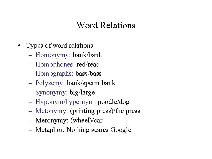 Word Relations • Types of word relations – Homonymy: bank/bank – Homophones: red/read – Word Relations • Types of word relations – Homonymy: bank/bank – Homophones: red/read –