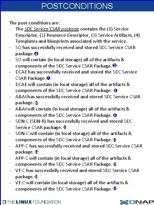 POSTCONDITIONS The post-conditions are: - The SDC Service CSAR package contains the (1) Service