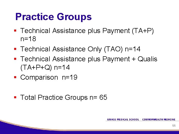 Practice Groups § Technical Assistance plus Payment (TA+P) n=18 § Technical Assistance Only (TAO)