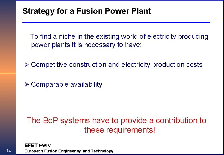 Strategy for a Fusion Power Plant To find a niche in the existing world