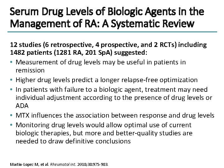 Serum Drug Levels of Biologic Agents in the Management of RA: A Systematic Review