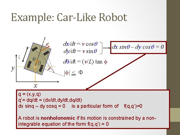 Example: Car-Like Robot dx/dt = v cosq dy/dt = v sinq f L q