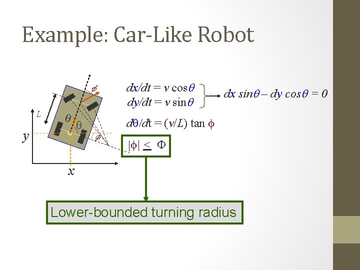 Example: Car-Like Robot dx/dt = v cosq dy/dt = v sinq f L q