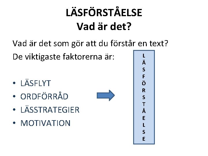 LÄSFÖRSTÅELSE Vad är det? Vad är det som gör att du förstår en text?