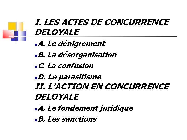 I. LES ACTES DE CONCURRENCE DELOYALE A. Le dénigrement B. La désorganisation C. La