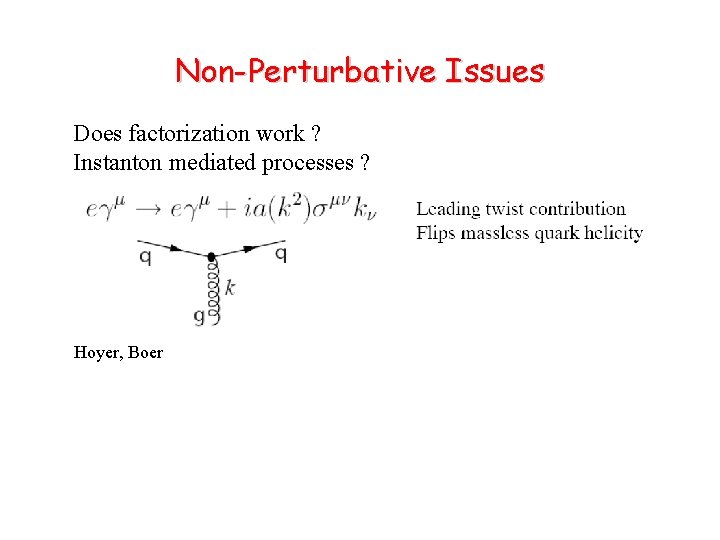 Non-Perturbative Issues Does factorization work ? Instanton mediated processes ? Hoyer, Boer 