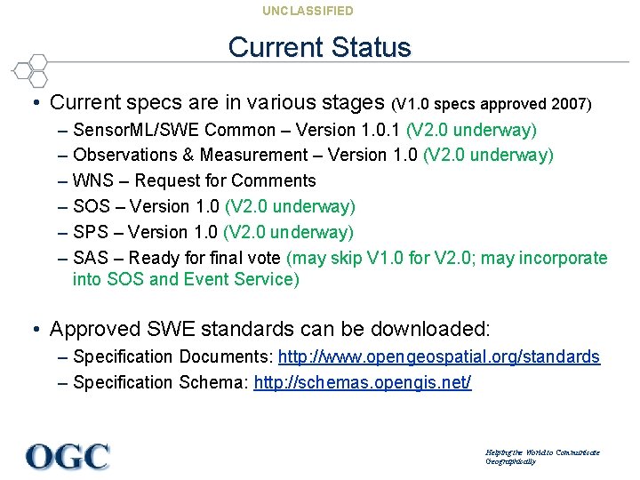 UNCLASSIFIED Current Status • Current specs are in various stages (V 1. 0 specs