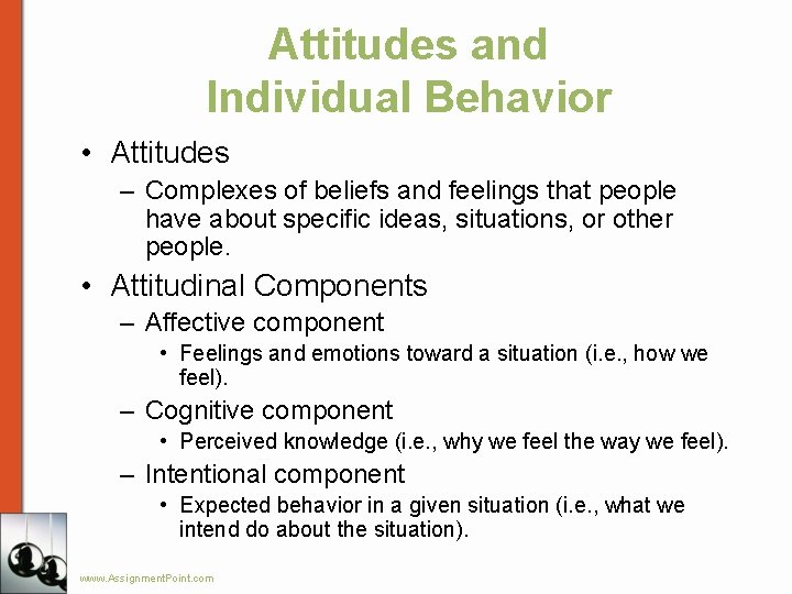 Attitudes and Individual Behavior • Attitudes – Complexes of beliefs and feelings that people