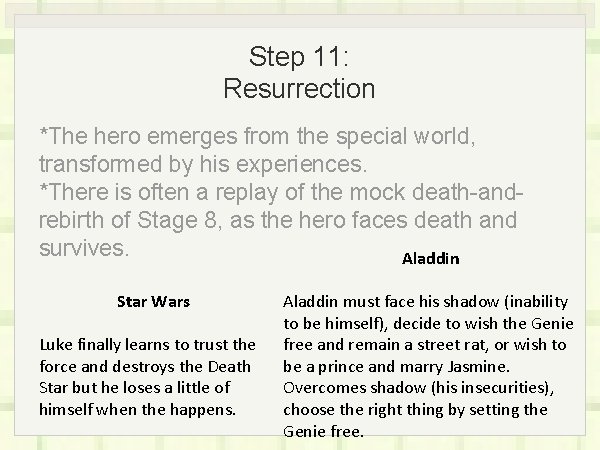 Step 11: Resurrection *The hero emerges from the special world, transformed by his experiences.