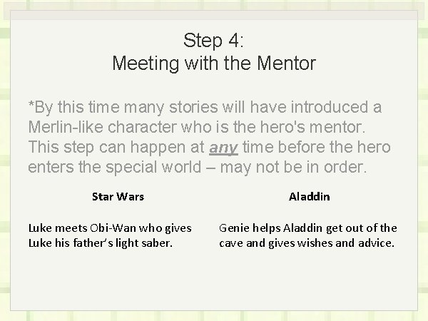 Step 4: Meeting with the Mentor *By this time many stories will have introduced