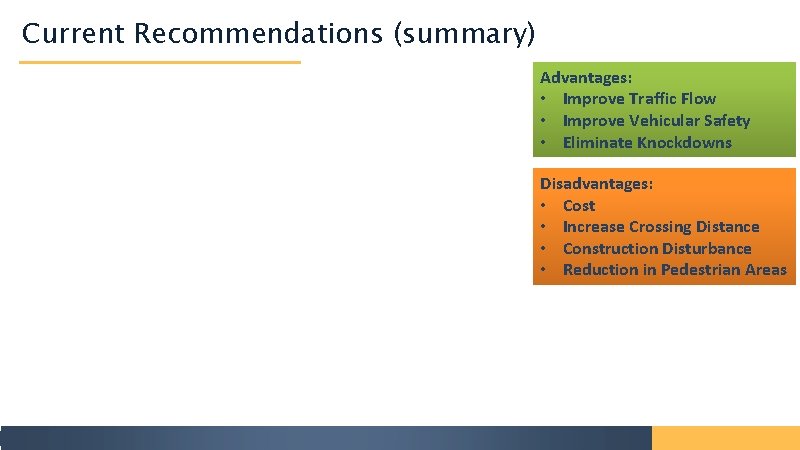 Current Recommendations (summary) Advantages: • Improve Traffic Flow • Improve Vehicular Safety • Eliminate