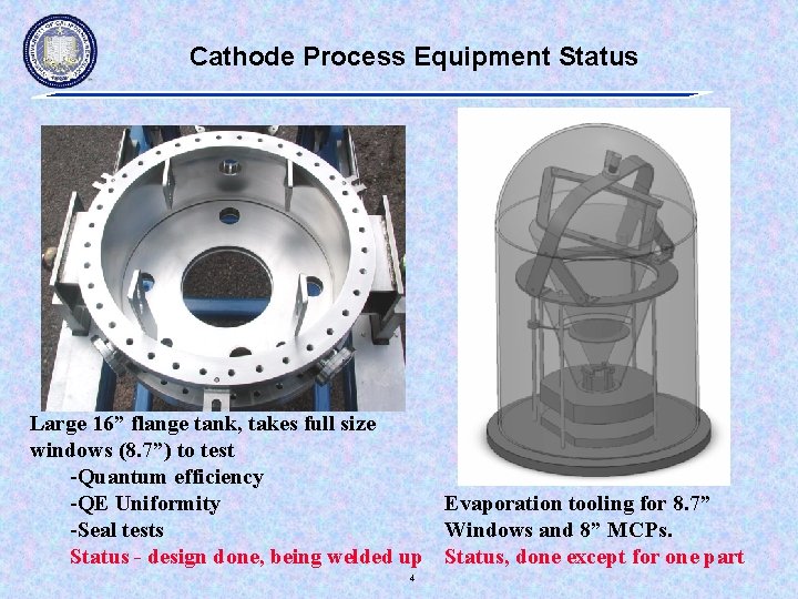 Cathode Process Equipment Status Large 16” flange tank, takes full size windows (8. 7”)