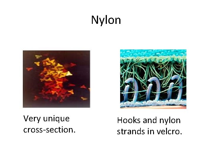 Nylon Very unique cross-section. Hooks and nylon strands in velcro. 