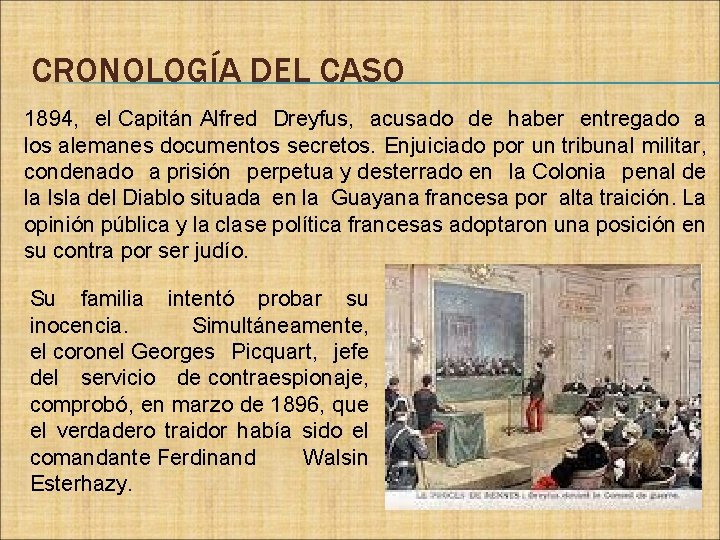 CRONOLOGÍA DEL CASO 1894, el Capitán Alfred Dreyfus, acusado de haber entregado a los