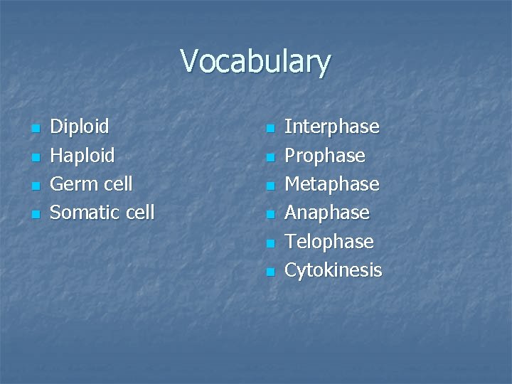 Vocabulary n n Diploid Haploid Germ cell Somatic cell n n n Interphase Prophase Vocabulary n n Diploid Haploid Germ cell Somatic cell n n n Interphase Prophase
