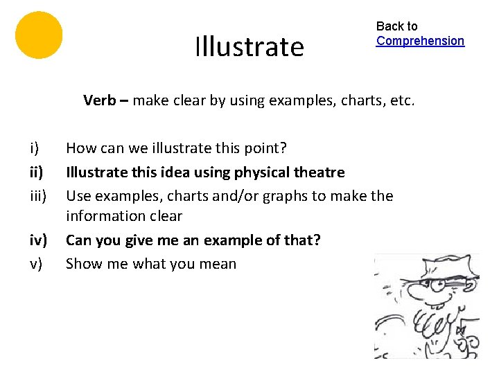 Illustrate Back to Comprehension Verb – make clear by using examples, charts, etc. i)