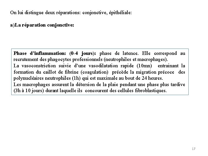 On lui distingue deux réparations: conjonctive, épithéliale: a)La réparation conjonctive: Phase d’inflammation: (0 -4