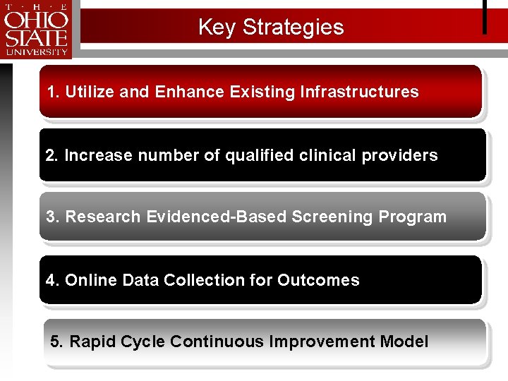 Key Strategies 1. Utilize and Enhance Existing Infrastructures 2. Increase number of qualified clinical
