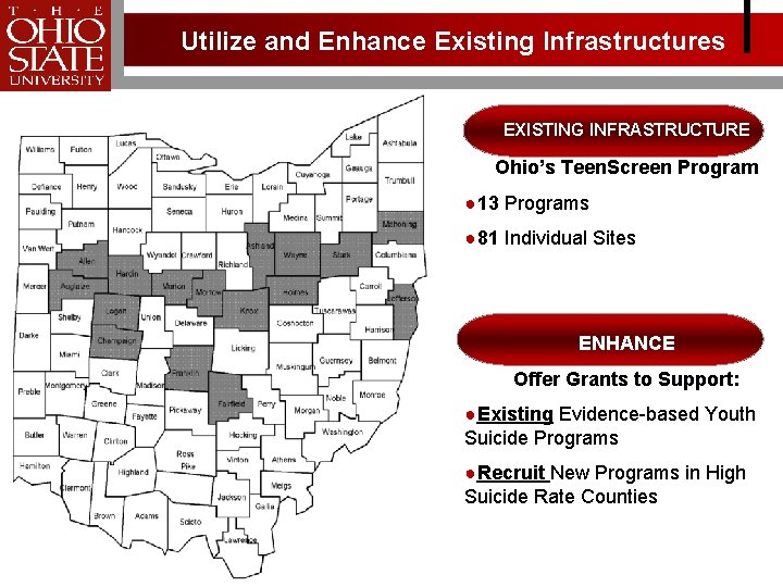 Utilize and Enhance Existing Infrastructures EXISTING INFRASTRUCTURE Ohio’s Teen. Screen Program ● 13 Programs