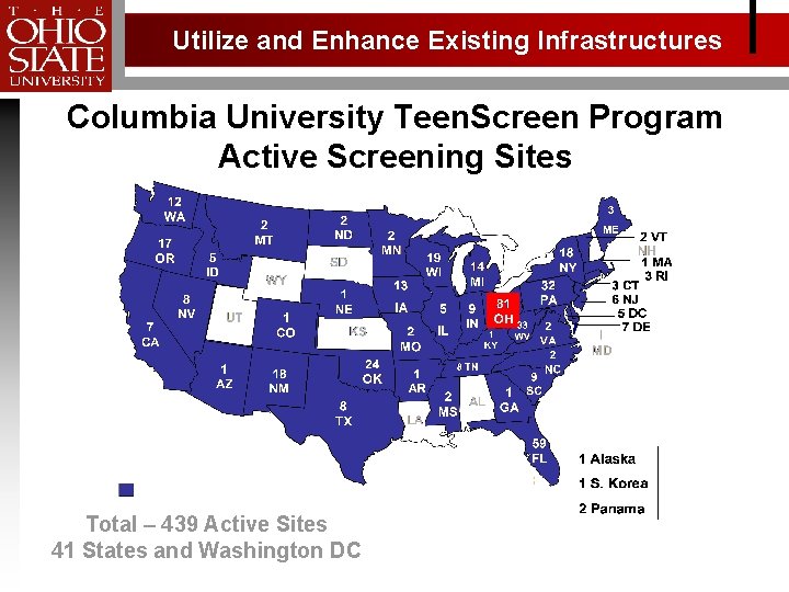 Utilize and Enhance Existing Infrastructures Columbia University Teen. Screen Program Active Screening Sites Total