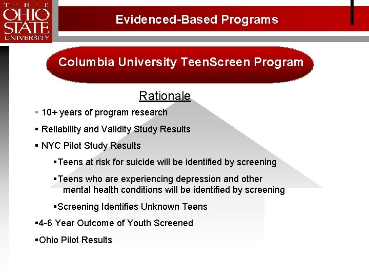 Evidenced-Based Programs Columbia University Teen. Screen Program Rationale § 10+ years of program research