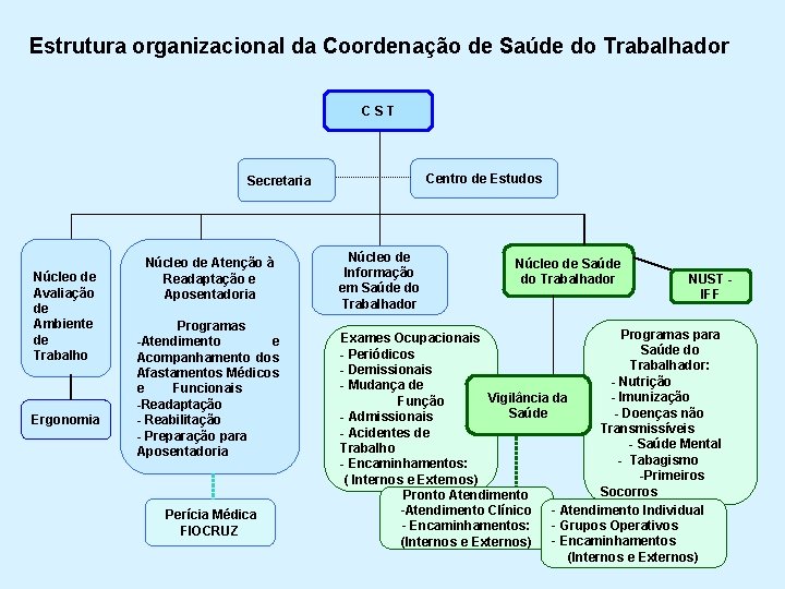 Estrutura organizacional da Coordenação de Saúde do Trabalhador CST Centro de Estudos Secretaria Núcleo