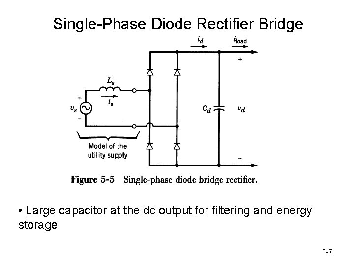 Single-Phase Diode Rectifier Bridge • Large capacitor at the dc output for filtering and