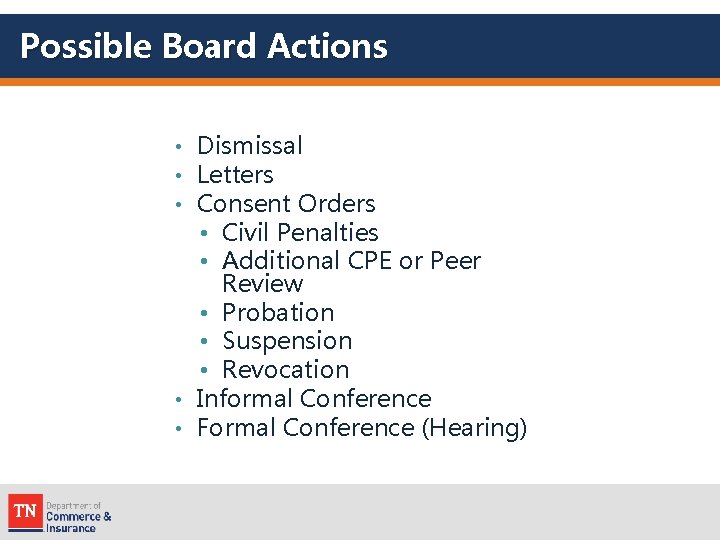 Possible Board Actions Dismissal Letters Consent Orders • Civil Penalties • Additional CPE or