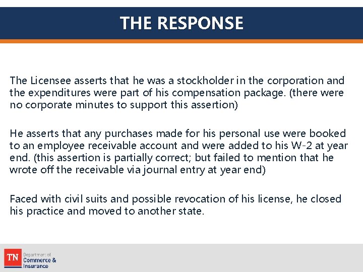 THE RESPONSE The Licensee asserts that he was a stockholder in the corporation and