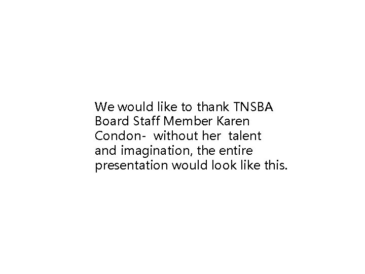 We would like to thank TNSBA Board Staff Member Karen Condon- without her talent