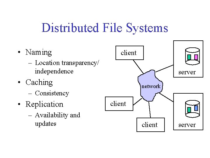 Distributed File Systems • Naming client – Location transparency/ independence server • Caching network