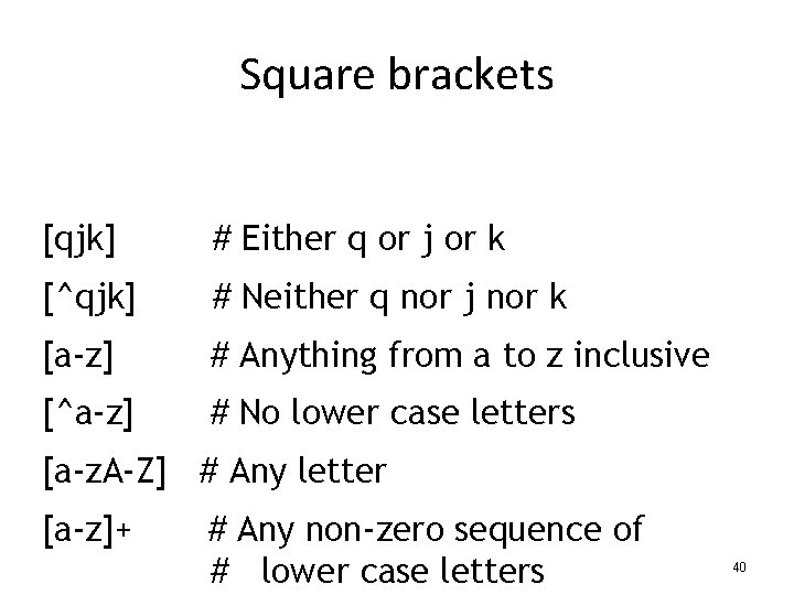 Square brackets [qjk] # Either q or j or k [^qjk] # Neither q