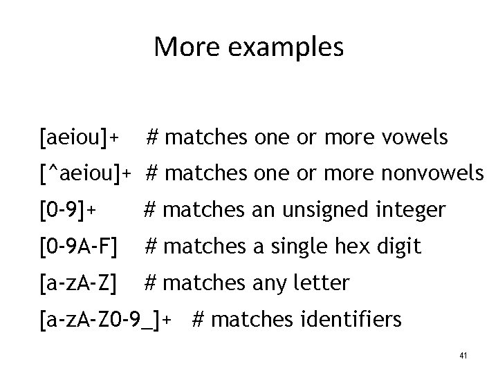 More examples [aeiou]+ # matches one or more vowels [^aeiou]+ # matches one or