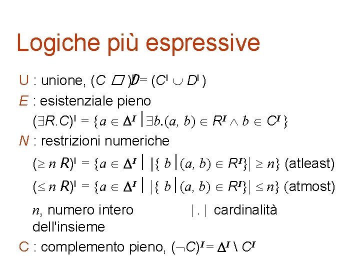 Logiche più espressive U : unione, (C � )DI = (CI DI ) E